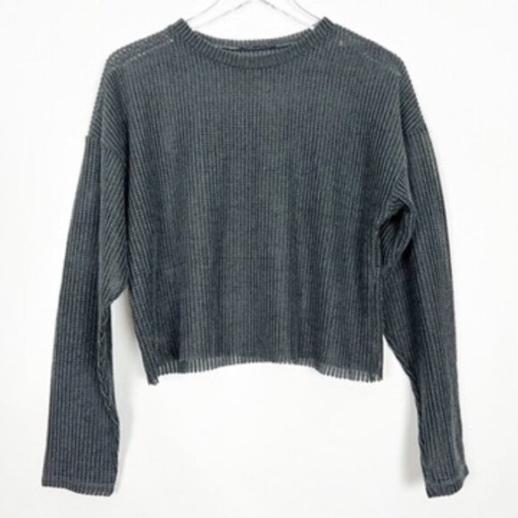 Zara Mesh Top Women's L Charcoal Grey See-Through Cropped Long Sleeve Crew Neck - Picture 1 of 10